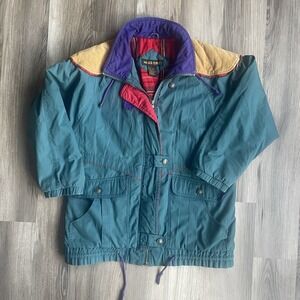 River Edge Men's Large Jacket Trench Coat Vintage 80s Green Aztec Southwestern